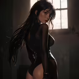 a woman wearing lingerie with long hair and stockings
