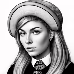 a drawing of a woman with blonde hair wearing a hat and a tie