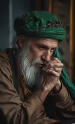 the man wearing a green hat looks out to the side