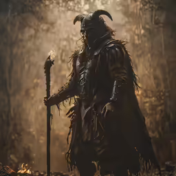 a man dressed as a demon standing in a forest holding an altar