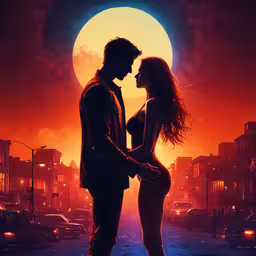 two people standing in the street, while the sun sets,a man and woman are staring into each other