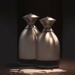 two vases sitting on a table with shadows