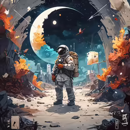 a man in spacesuit with a backpack is standing outside of an overcast cave
