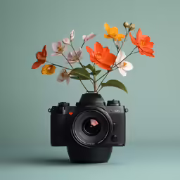 a camera and some flowers sitting in a vase