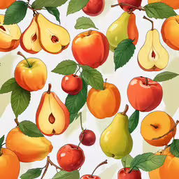 a bunch of fruits on top of a white surface,fruits and vegetables on white background with leaves and apples