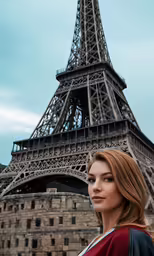 a woman standing in front of the eiffel tower