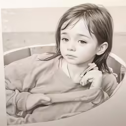 a portrait of a little girl sitting at the beach