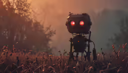 the old robot is staring at a red light