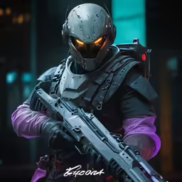 a man in uniform holding a rifle with glowing yellow eyes
