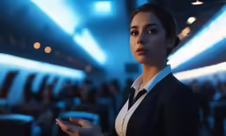 woman holding cell phone while standing inside an airplane