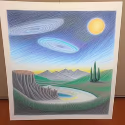 a drawing of the moon, mountains, clouds and trees