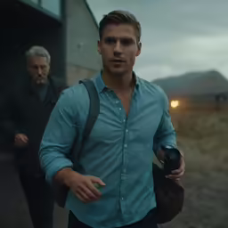 two men in dark jackets walking away from the camera