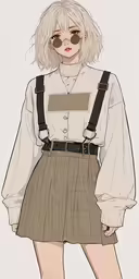 the girl with white hair, glasses and an blouse is wearing suspenders