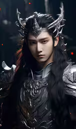 a close up of a man wearing armor and holding two hands,an asian male wearing silver armor