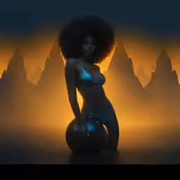 a beautiful woman in a sexy swimsuit sitting on a metallic ball