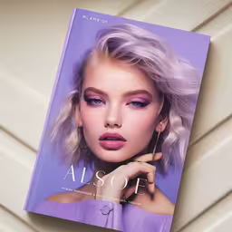 a magazine cover featuring a woman in purple,a photo of the front cover of asoe magazine, with pink smoky eyeshadow