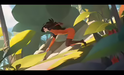 an animated image of a woman running in the woods