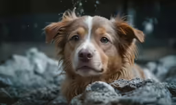 a brown and white dog looks at the camera