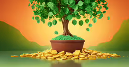 a potted tree is surrounded by lots of golden chips,a small tree in the pot with some rocks next to it