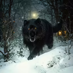 a black wolf on a snowy path in the forest