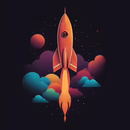 the illustration shows an orange spaceship flying through the air