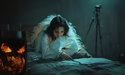 girl laying on bed looking at phone while camera is attached