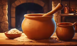 a potters wheel and bowls sit on the table next to a fireplace,two bowls and a potters wheel sit on top of the table