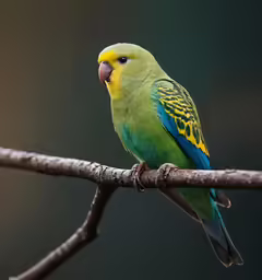 a green yellow and blue bird sitting on a branch