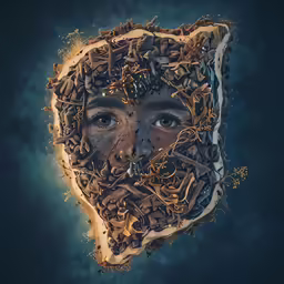 an altered photograph of a man in the form of a slice of pizza
