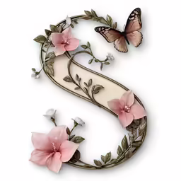 an ornate letter s with pink flowers and butterflies
