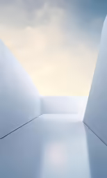 an empty white room with sky and clouds