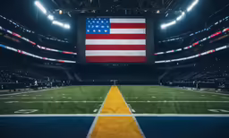 the inside of a stadium with lights and an american flag on a big screen