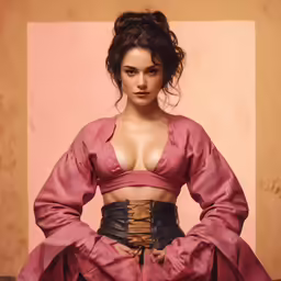 the woman is wearing a pink shirt and black pants