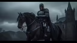 a man dressed in costume riding a horse in front of an old castle