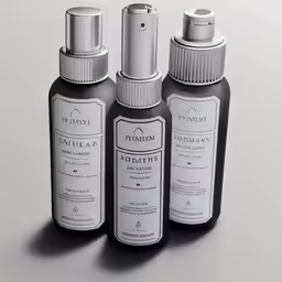 a group of three bottle of water and two containers for skin care