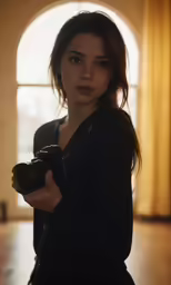 the young woman is holding a camera and posing for a photo