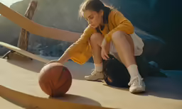 a girl crouched down with a basketball next to her