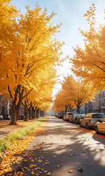 an autumn scene with trees and parked cars
