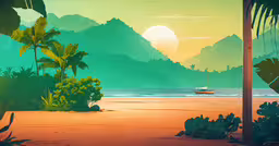 a picture of a landscape with a ship on the shore,a painting with many different colors, shapes and patterns
