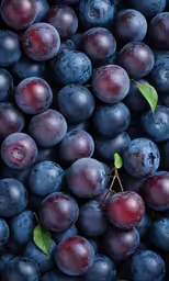 a bunch of grapes with one green leaf stuck in it