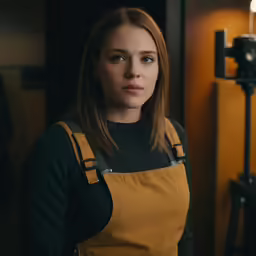 a woman stands in front of a camera