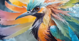 a brightly colored bird standing next to two birds