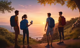 three students are looking at the sunset while standing on a cliff,three people standing on a hill looking out into the distance