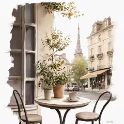 two chairs at an outdoor table with potted plants in front of a window