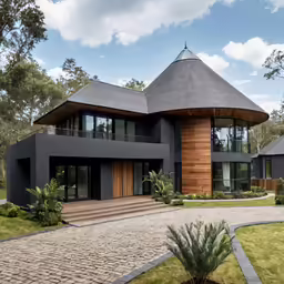 the large modern building has an expansive roof