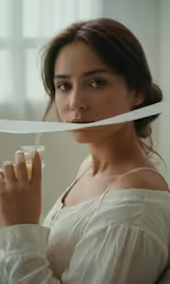 a woman holding a tube over her mouth