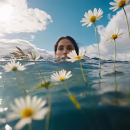 a woman is underwater in the blue ocean with daisies