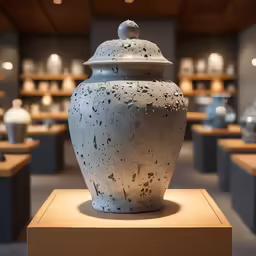 an artistic vase on display in a museum