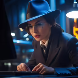 a young man in black suit and fedora using a computer