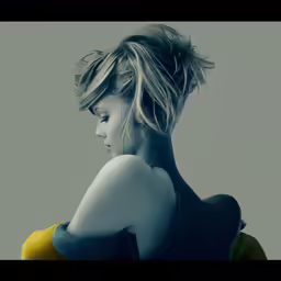 a woman in a yellow dress with her hair down